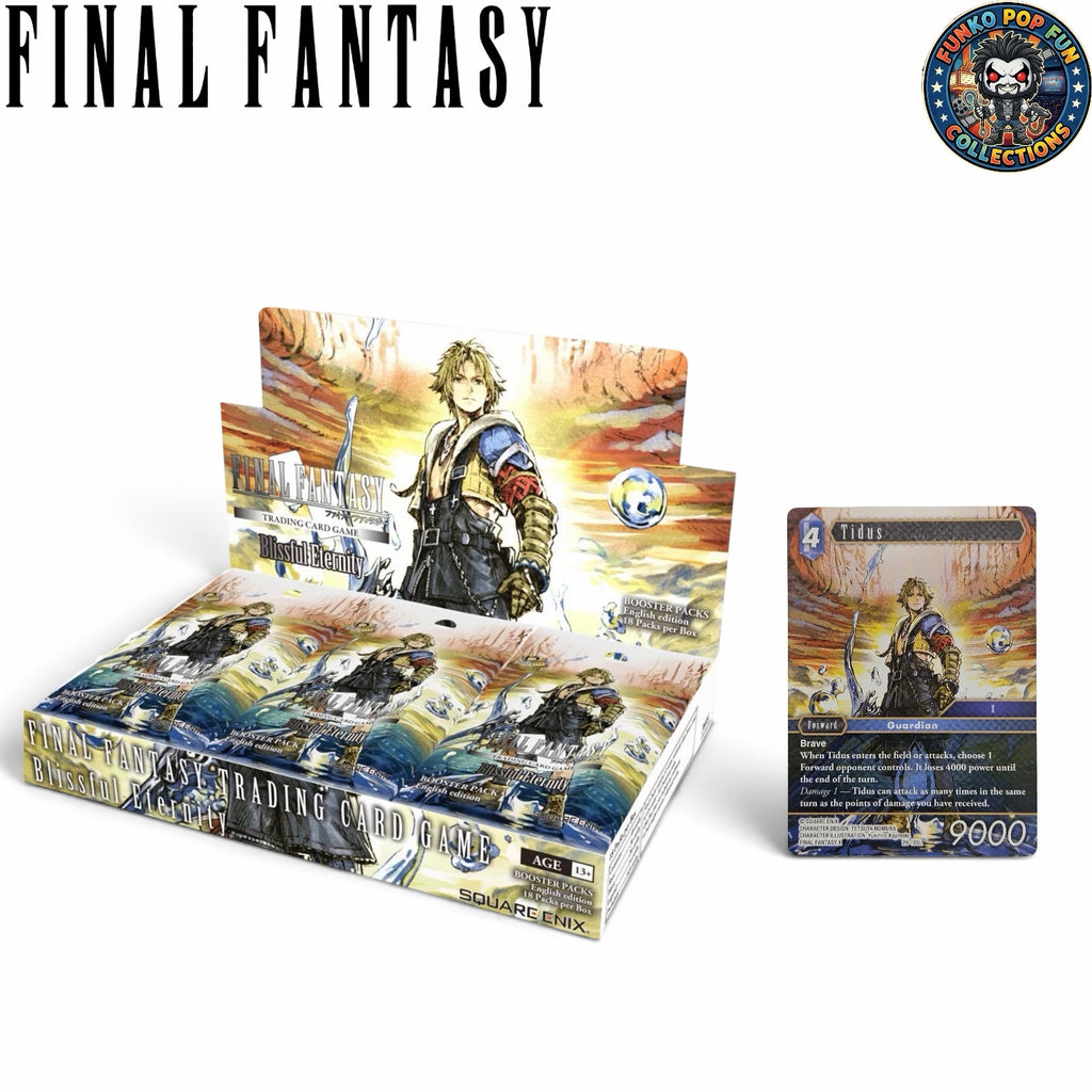 Funko Pop Fun Collections Final Fantasy Blissful Eternity booster box with 18 packs and a Tidus character card
